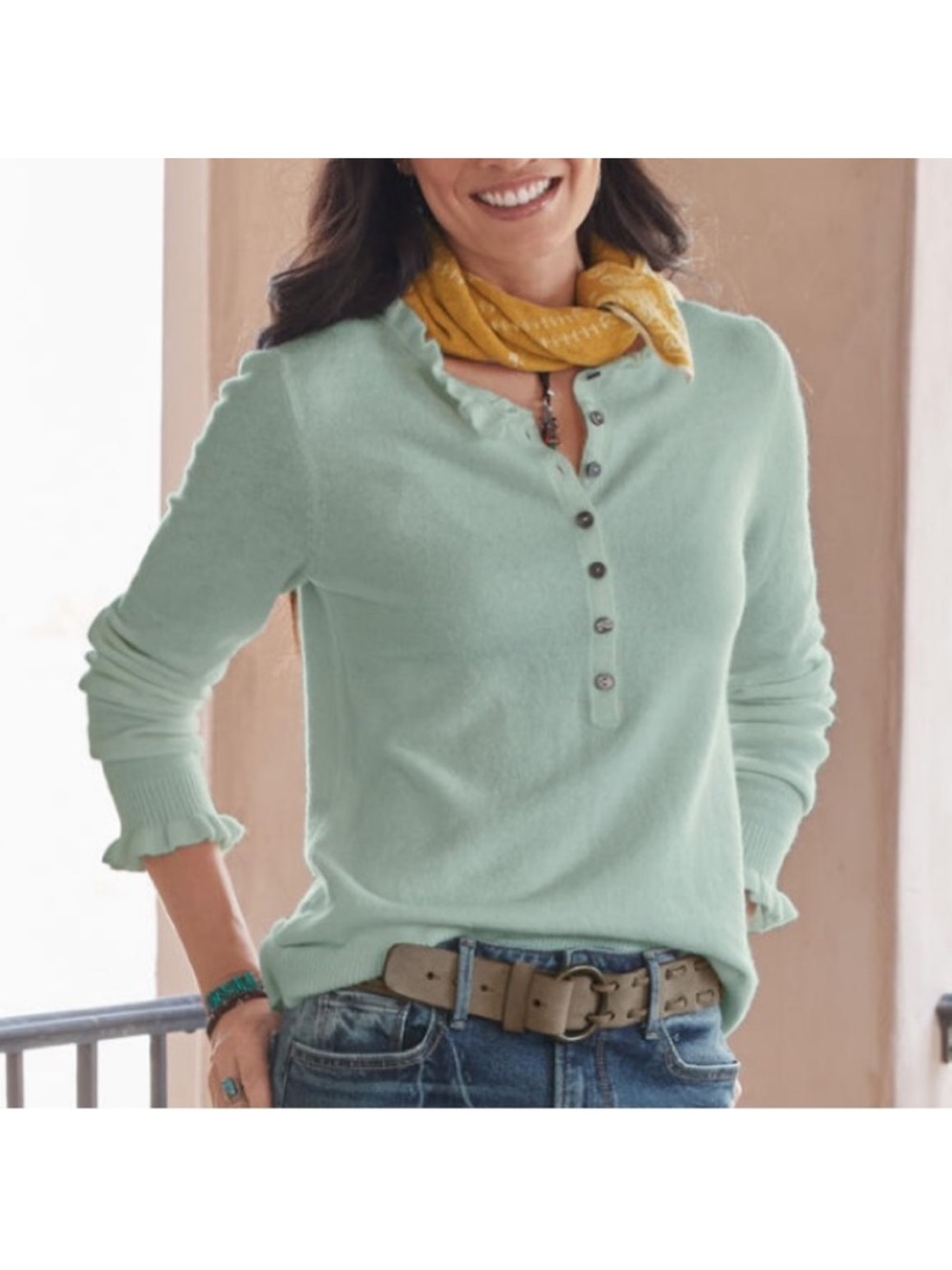SUNDANCE Edwina Cashmere Blend Henley Sweater Mint Green Size Small